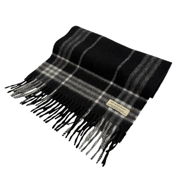 Burberry Black Gray & White Plaid Check Fringe Cashmere Wool Blend Scarf - Picture 5 of 7